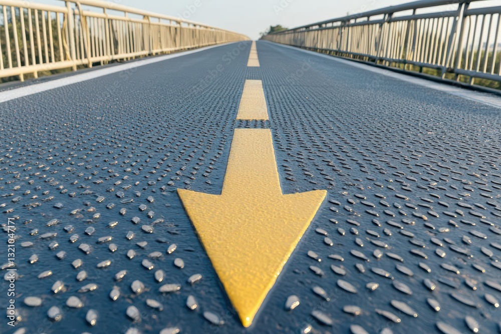 Poster bright yellow arrow pointing forward on urban bridge symbolizing progress, direction, and transporta