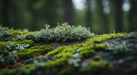 Close-up of lush green moss and lichen on a fallen log in a forest