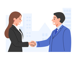 Fototapeta premium A vector illustration of businesswoman and businessman shaking hands, with a cityscape backdrop. Symbolizing partnership and collaboration in business.