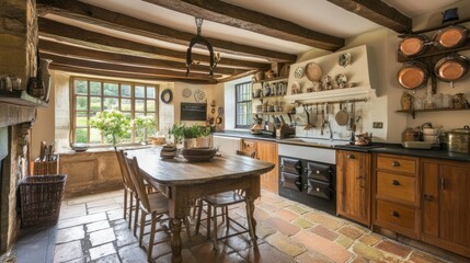 Rustic Farmhouse Kitchen Interior with Wooden Table and Country Style Decor