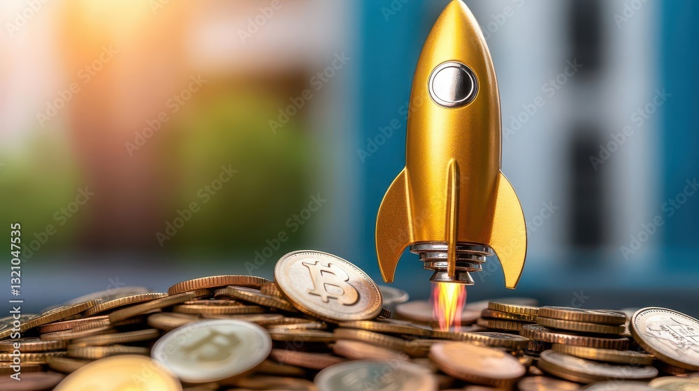 Poster Creative concept of a rocket positioned on a stack of coins symbolizing investment in future technologies and growth
