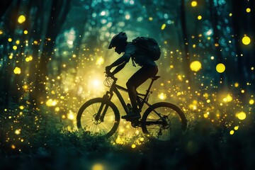 Fototapeta premium Silhouette of Biker in Forest with Magical Glowing Lights Effect