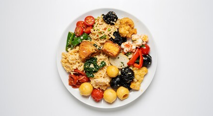 Colorful Asian-Inspired Bowl with Noodles, Vegetables, and Proteins on Plain White Background, HD Minimal Style