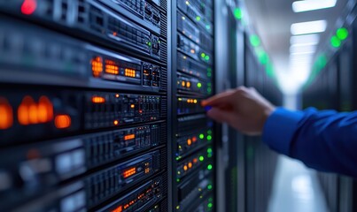 IT Engineer in big database server center office, High Speed Data Transfer, Server Transfer, Technology Science Breakethrough, Progress, Innovation Concept