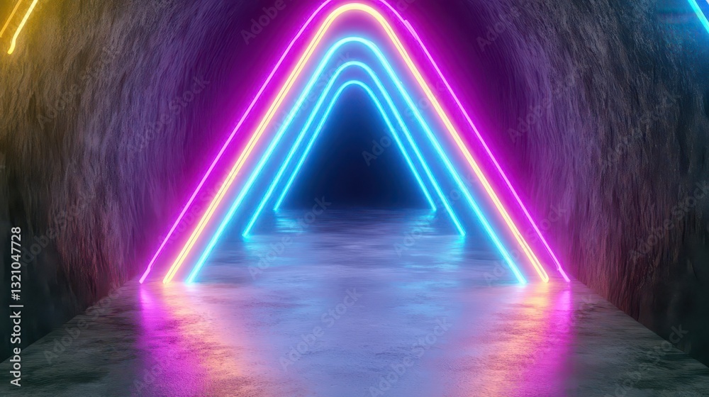 Poster Vibrant neon lights illuminating a tunnel creating a futuristic atmosphere for a unique urban exploration experience