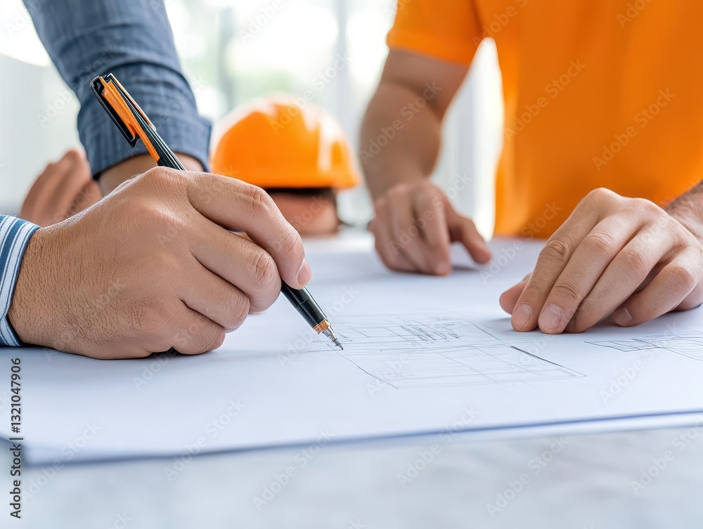 Leinwandbilder Two people collaborating on a construction project while reviewing blueprints at a building site with tools nearby