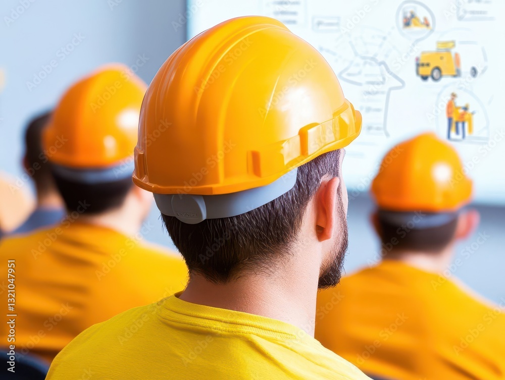 Poster Construction worker wearing a hard hat and safety gear while overseeing a project at a building site