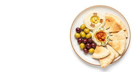 Middle Eastern Food Plate with Hummus, Pita Bread, and Olives on Plain White Background, HD Minimal Style