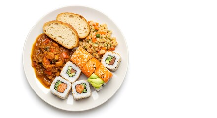 International Food Plate with Sushi Rolls, Curry, Bread, and Rice Pilaf on Plain White Background, HD Minimal Style