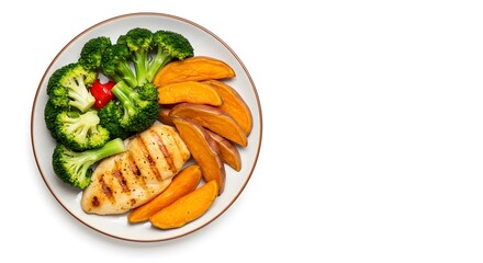 Healthy Meal Plate with Grilled Chicken, Broccoli, Sweet Potato Wedges, and Cherry Tomato on Plain White Background, HD Minimal Style