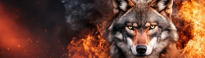 Fototapeta premium Majestic wolf surrounded by intense flames capturing the power and mystery of wildlife in a dramatic setting