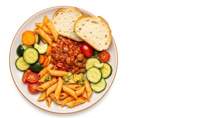 Top Down View of Vegetable and Pasta Plate with Bread on White Background, HD Minimal Food Photography