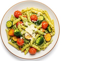 Top Down View of Penne Pasta with Pesto and Vegetables on White Background, HD Minimal Food Photography