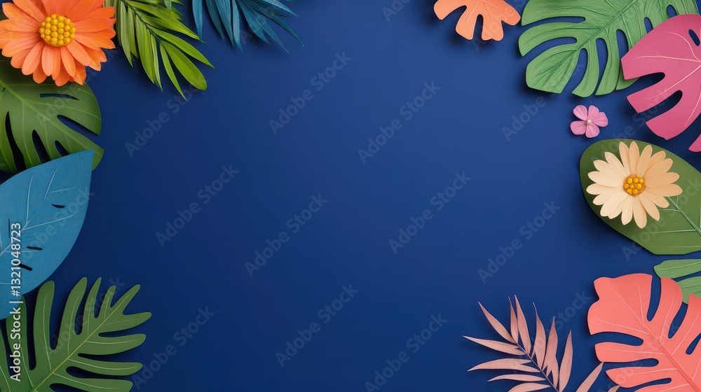 Poster bright blue background adorned with colorful paper flowers and leaves creating a cheerful and vibran
