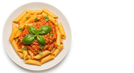 Top Down View of Penne Pasta with Tomato Sauce and Basil on White Background, HD Minimal Food Photography