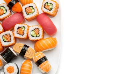 Top Down View of Assorted Sushi on White Background, HD Minimal Food Photography