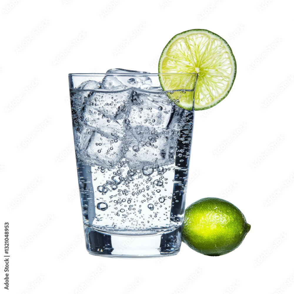 Poster refreshing glass of sparkling water with ice and lime slice