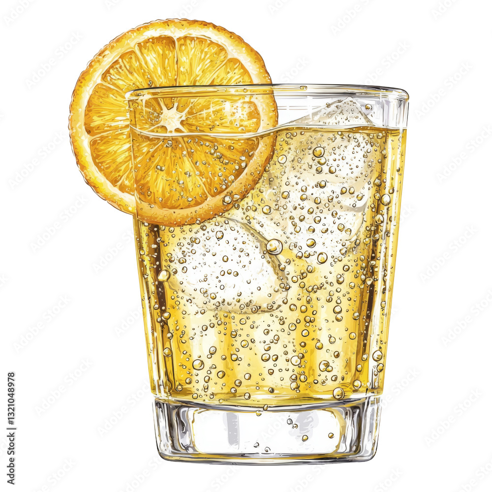 Poster refreshing drink with ice and orange slice, perfect for summer enjoyment