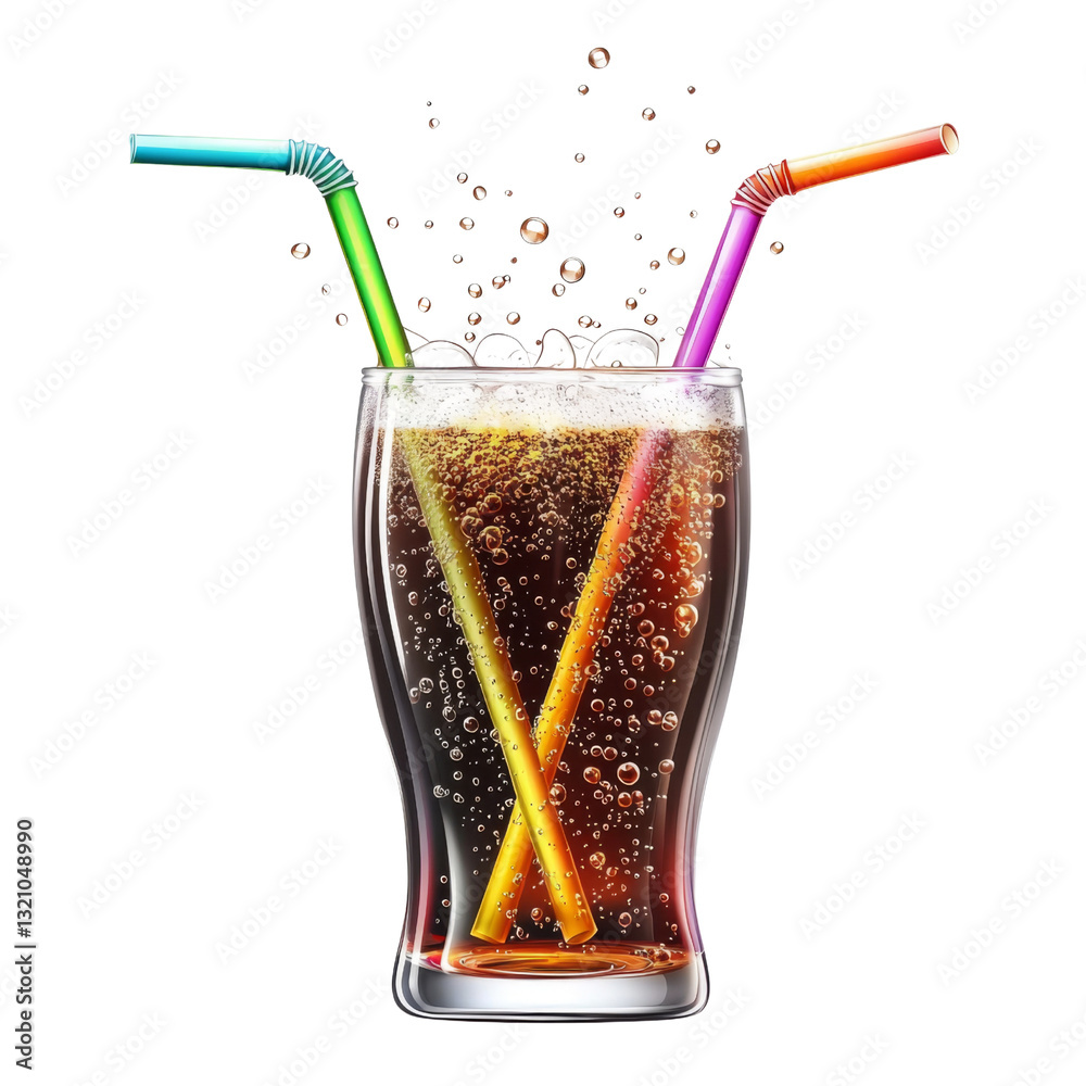 Poster refreshing beverage with bubbles and colorful straws