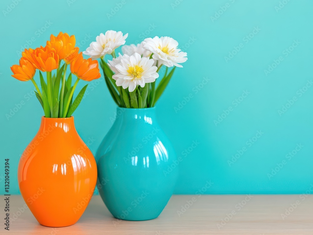 Poster Two elegant vases filled with vibrant assorted flowers displaying colorful blooms in a bright and cheerful setting