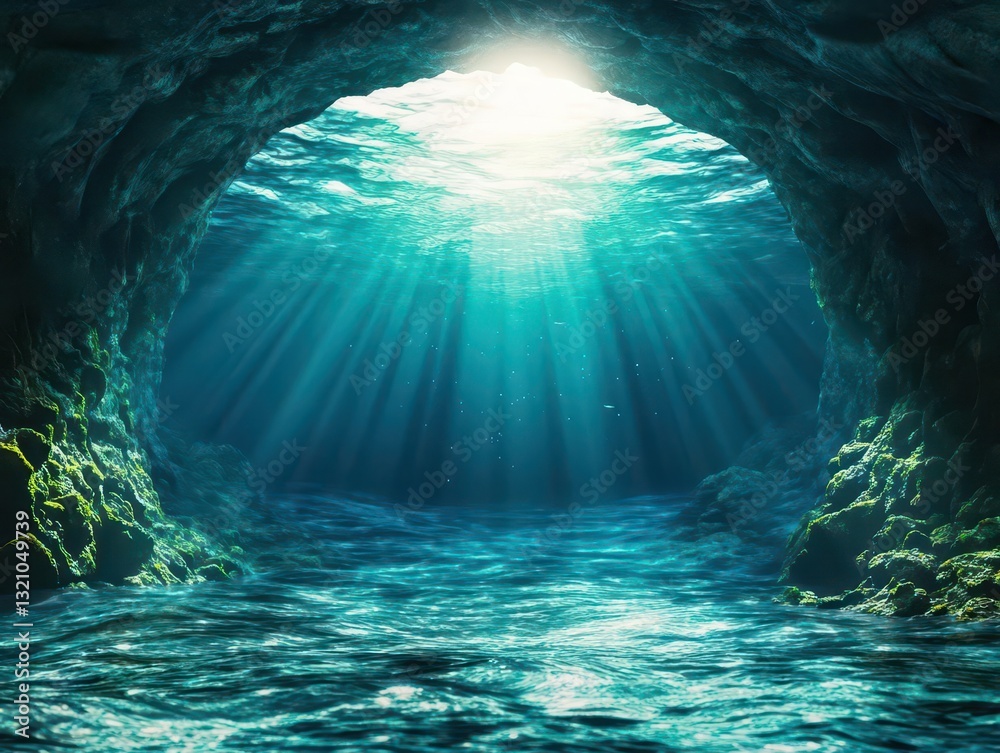 Poster enchanting underwater cave with sunlight streaming through the water creating a magical and ethereal