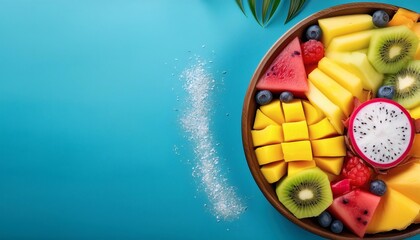 Top Down View of Colorful Fresh Fruit Bowl on Blue Background, HD Minimal Food Photography