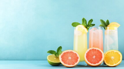 Fototapeta premium Colorful drinks with citrus fruits and mint leaves against a blue background, perfect for a refreshing summer vibe.