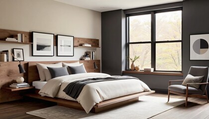 Fototapeta premium A bedroom complete with a bed, a chair, and a window.