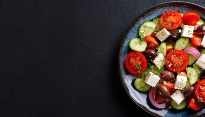 Top Down View of Fresh Greek Salad on Black Background, HD Minimal Food Photography