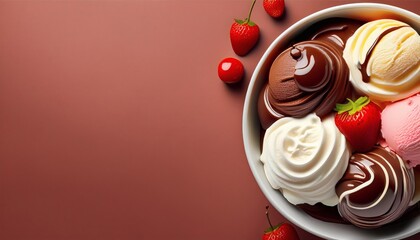 Top Down View of Dessert Bowl with Various Ice Cream and Chocolate on Pink Background, HD Minimal Food Photography