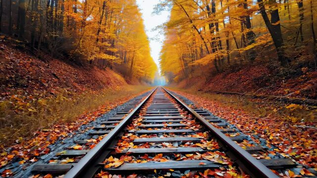 Enchanting autumn railway journey through vibrant foliage in serene woodland path from ground level perspective