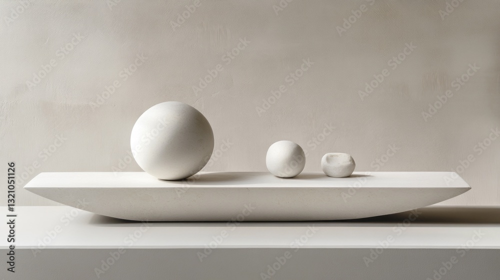 Poster Soft, harmonious clay spheres and an abstract form rest gracefully on a smooth, white tray. This contemporary display enhances the tranquil atmosphere of the room, inviting contemplation