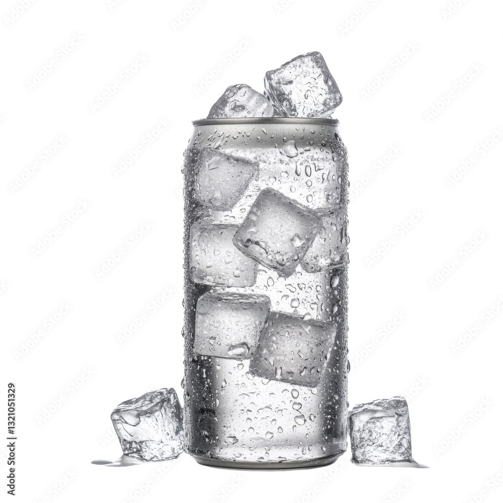 Poster chilled beverage can surrounded by ice cubes, showcasing condensation and freshness. perfect for sum