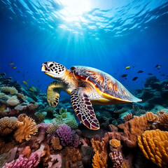 Obraz premium Green Sea Turtle Gliding Through a Colorful Coral Reef