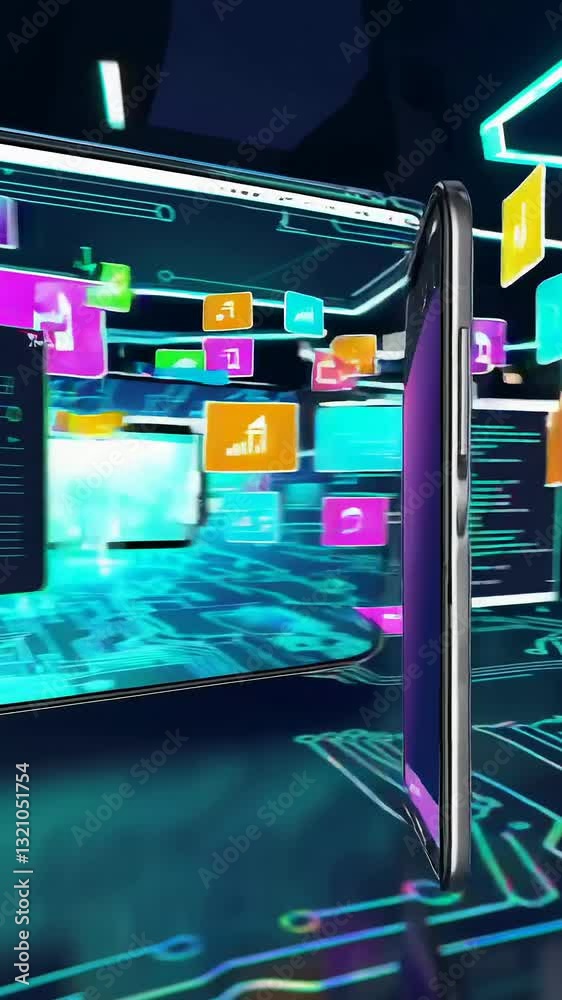 Poster dynamic digital interface transformation in futuristic tech environment
