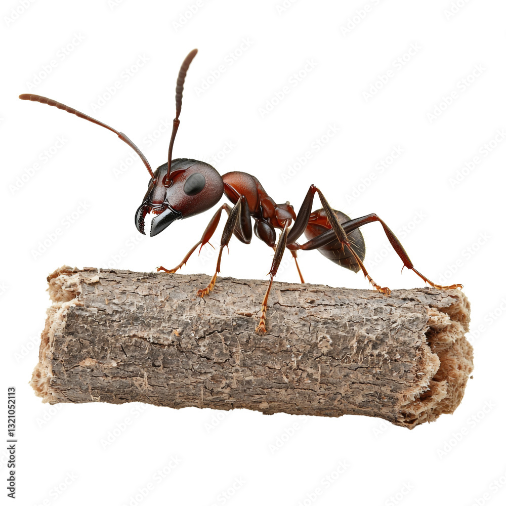 Poster Ant on log, showcasing detailed features and textures, highlighting nature intricate design and ant role in ecosystem