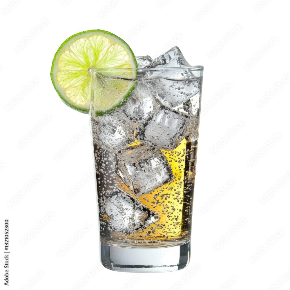 Poster refreshing drink with ice and lime slice, perfect for summer enjoyment