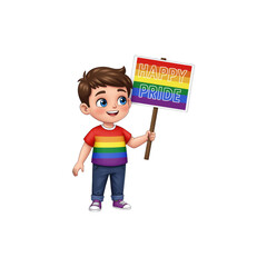 Cartoon 3d lgbt man holding rainbow sign with happy pride inscription. Happy Pride Month