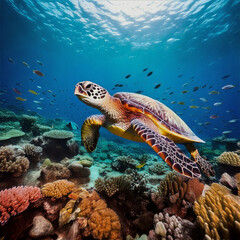 Fototapeta premium GeSerene Encounter: Sea Turtle in Coral Paradise