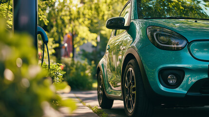 Turquoise Electric Car Charging in Green Urban Environment