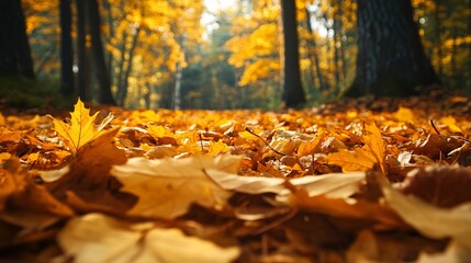 Close-Up of Woodland Ground Covered in Golden Autumn Leaves - Nature Photography