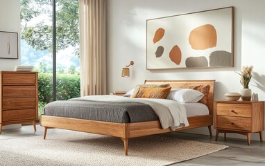 Modern bedroom with wooden furniture, view of garden, abstract art