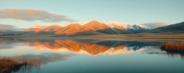 Fototapeta premium Tranquil mountain lake at sunrise with snow-capped peaks and reflective water