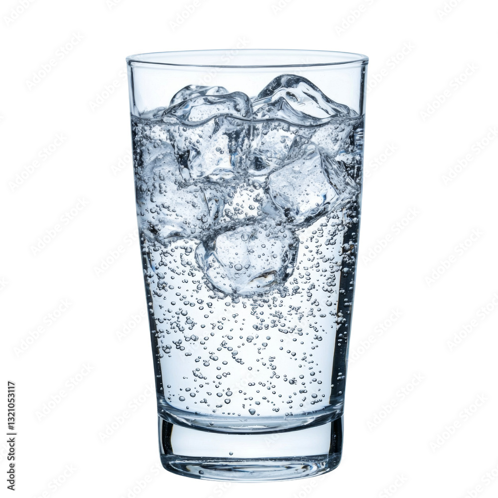 Poster refreshing glass of sparkling water with ice cubes, bubbles rising. perfect for hydration and enjoym