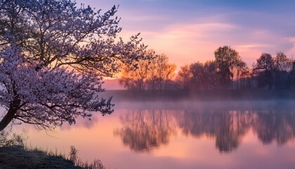 Fototapeta premium serene spring landscape with a blooming tree and a reflection on a lake