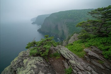Misty Coastal Cliffs and Lush Green Vegetation Overlooking Calm Ocean
