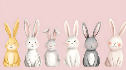 Fototapeta premium Hand-drawn pastel Easter bunnies with joyful expressions, perfect for seasonal illustrations.