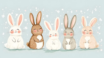 Obraz premium Hand-drawn pastel Easter bunnies with joyful expressions, perfect for seasonal illustrations.