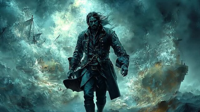 A mysterious pirate navigating through a stormy sea with ships in the background