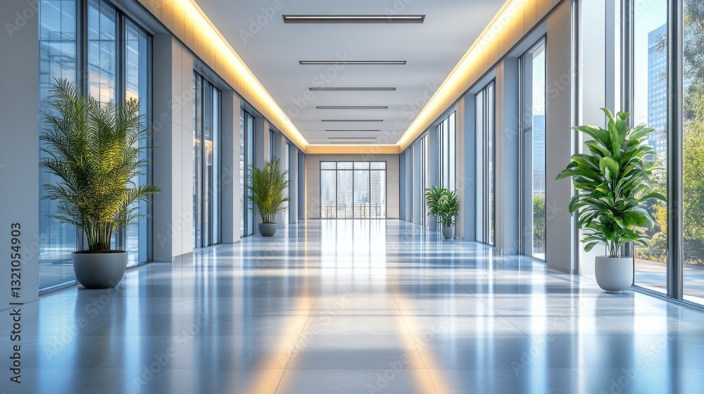 Aufkleber Expansive hallway features large windows that bathe the space in sunlight, complemented by lush greenery in stylish pots, creating a serene atmosphere in a contemporary building